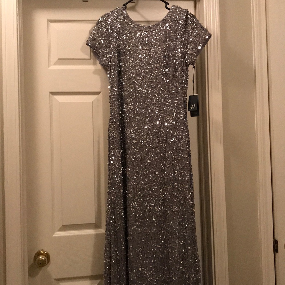 Adrianna Papell Silver Sequin Formal Gown